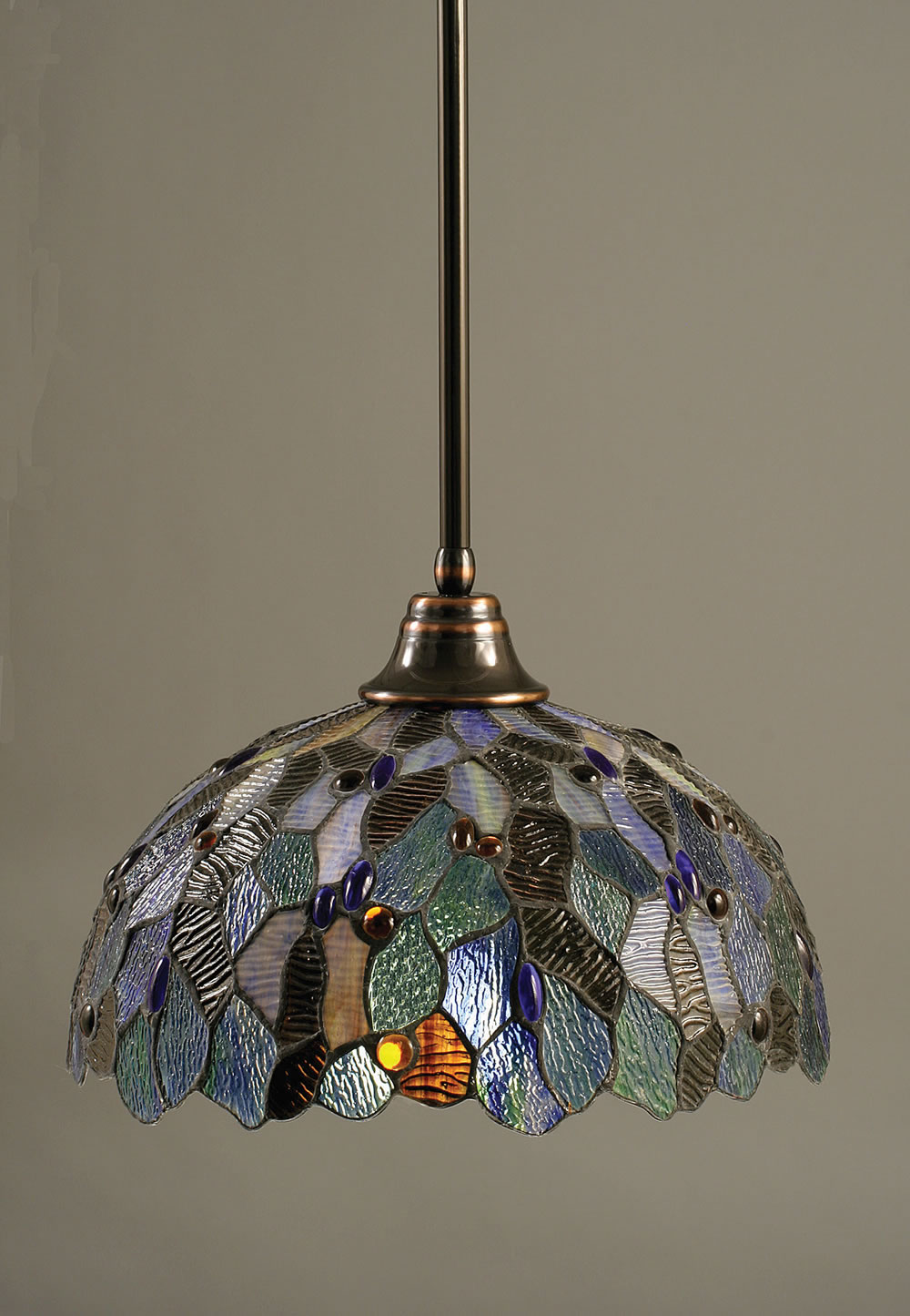 Stem Pendant With Hang Straight Swivel Shown In Black Copper Finish With 16" Blue Mosaic Tiffany Glass