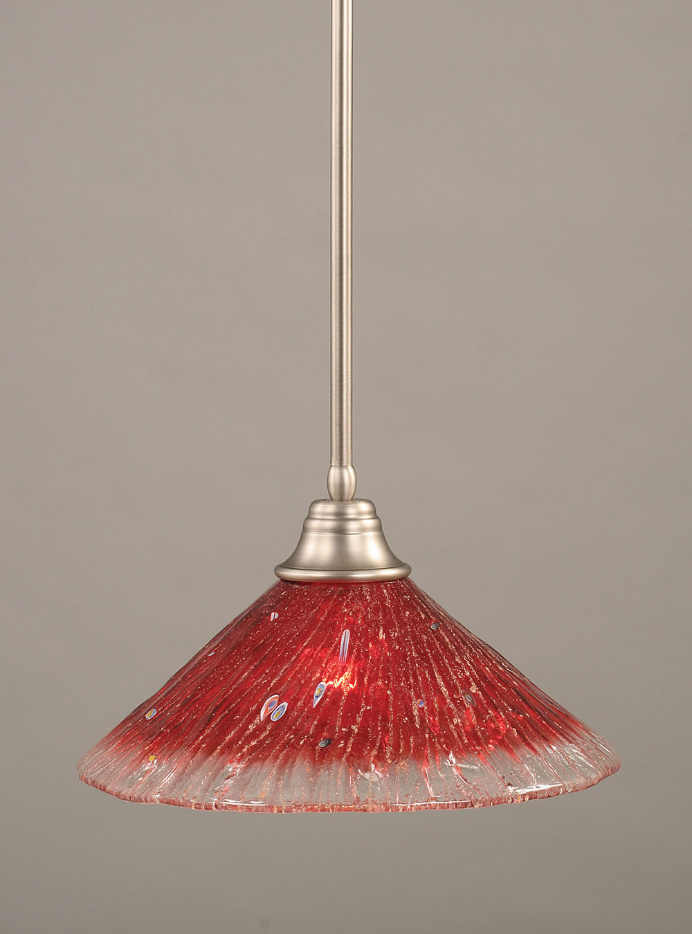 Stem Pendant With Hang Straight Swivel Shown In Brushed Nickel Finish With 16" Raspberry Crystal Glass