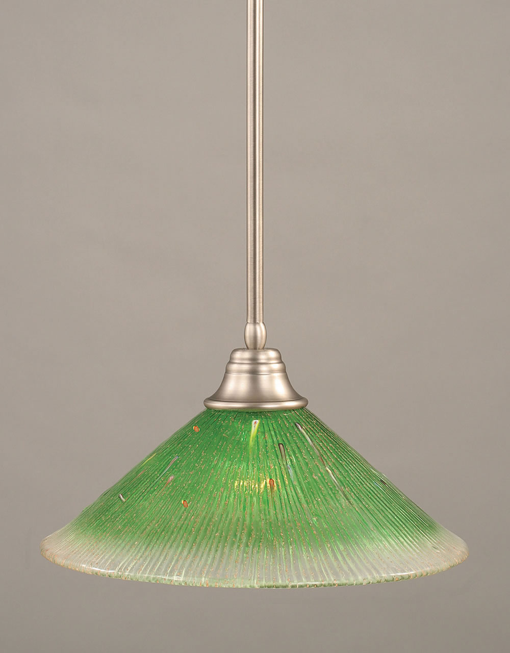 Stem Pendant With Hang Straight Swivel Shown In Brushed Nickel Finish With 16" Kiwi Green Crystal Glass