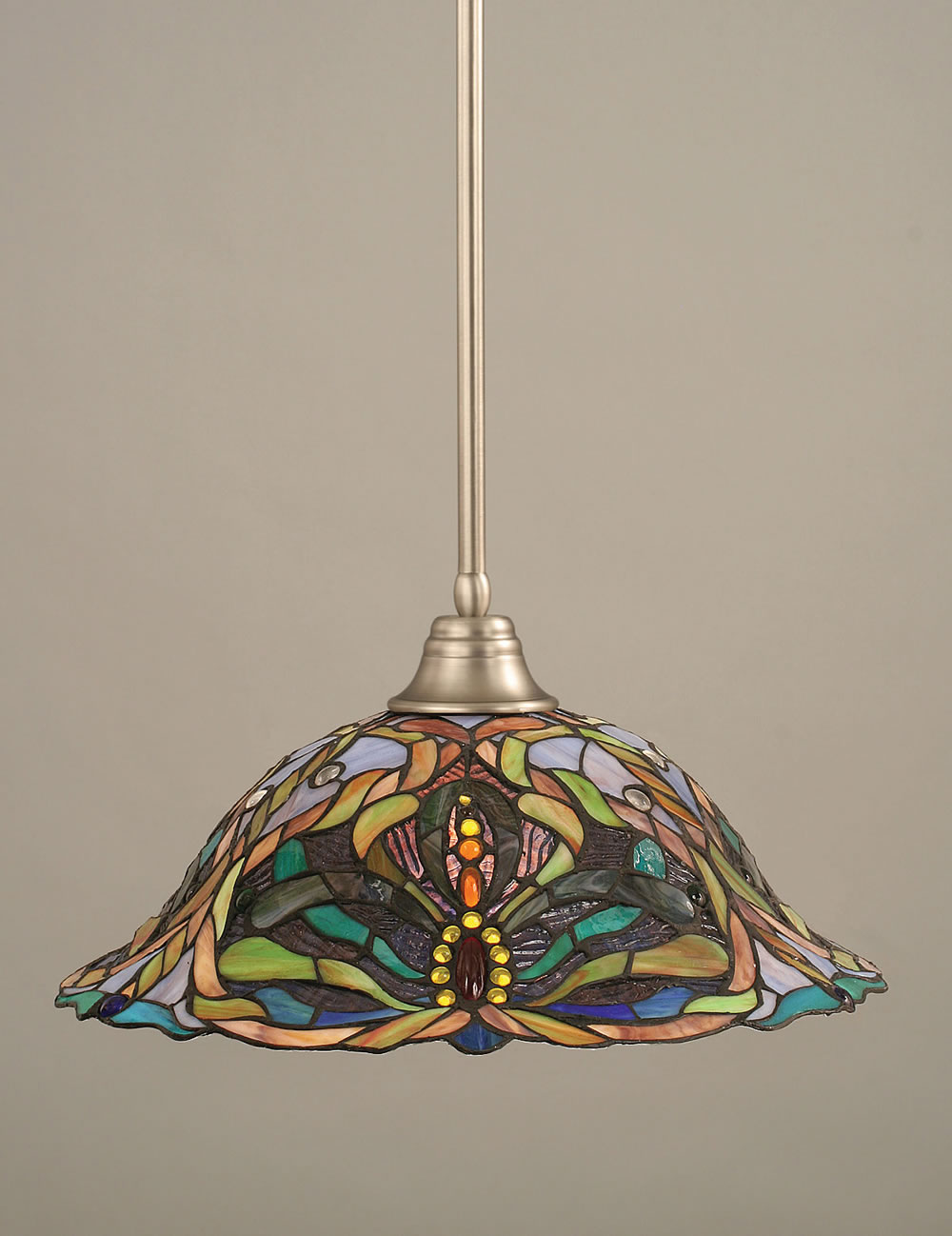 Stem Pendant With Hang Straight Swivel Shown In Brushed Nickel Finish With 19" Kaleidoscope Tiffany Glass
