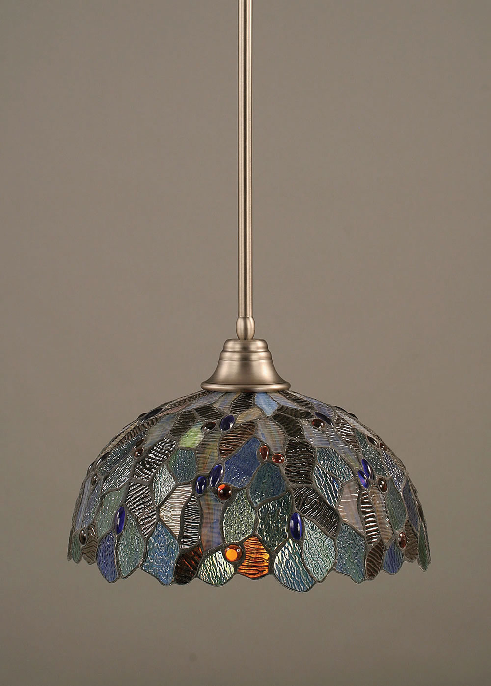 Stem Pendant With Hang Straight Swivel Shown In Brushed Nickel Finish With 16" Blue Mosaic Tiffany Glass