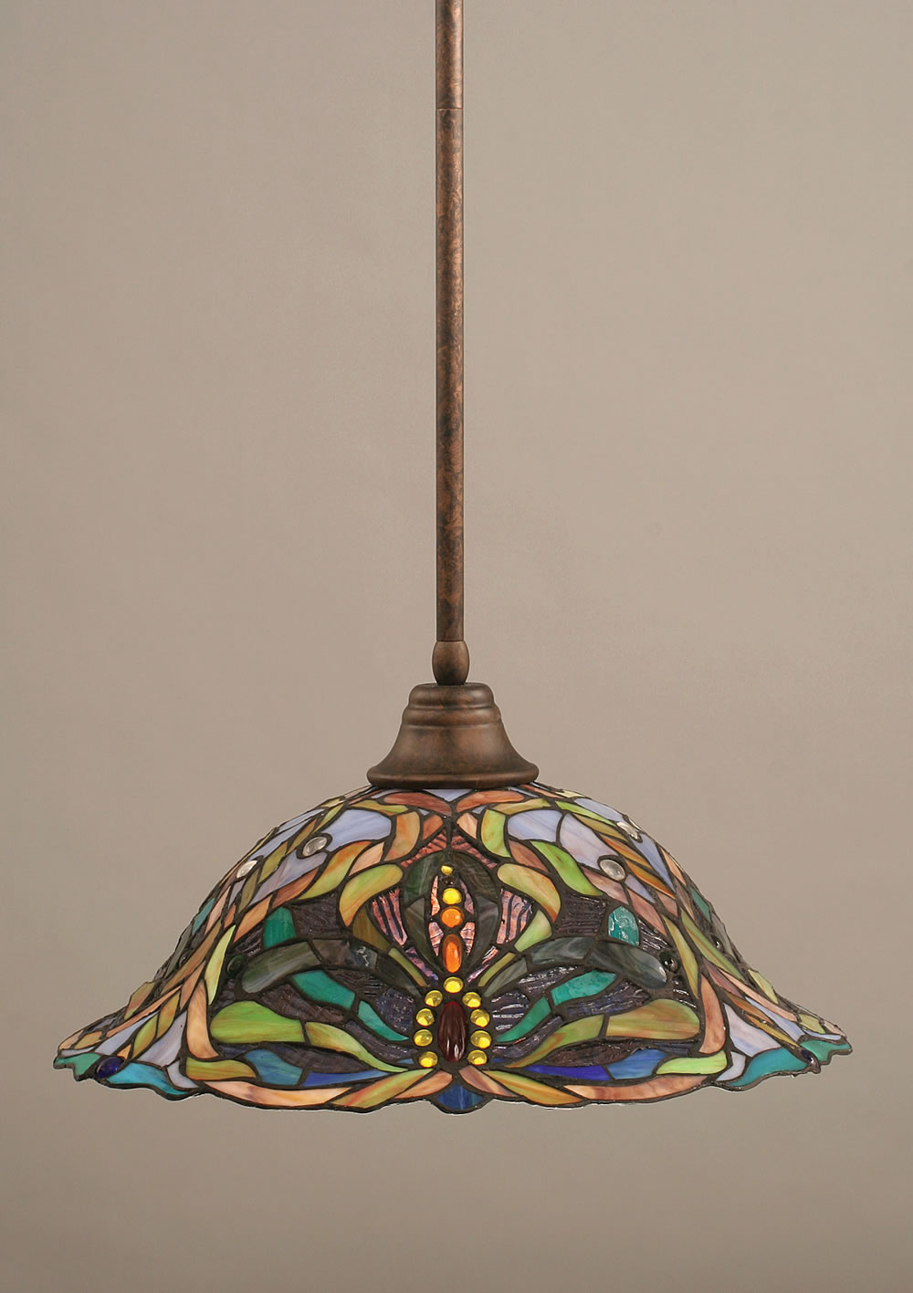 Stem Pendant With Hang Straight Swivel Shown In Bronze Finish With 19" Kaleidoscope Tiffany Glass