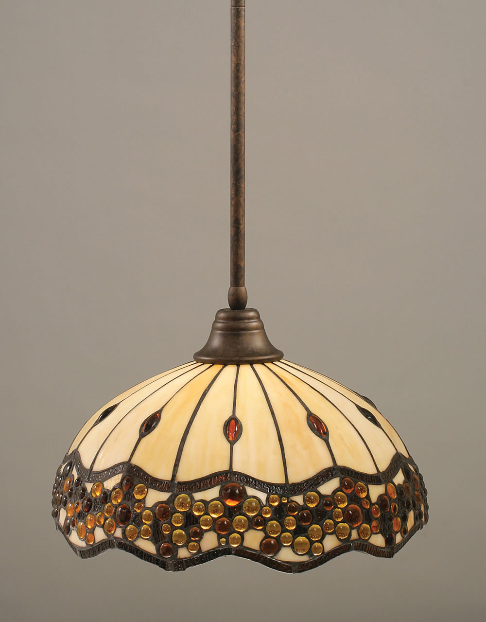 Stem Pendant With Hang Straight Swivel Shown In Bronze Finish With 16" Roman Jewel Tiffany Glass