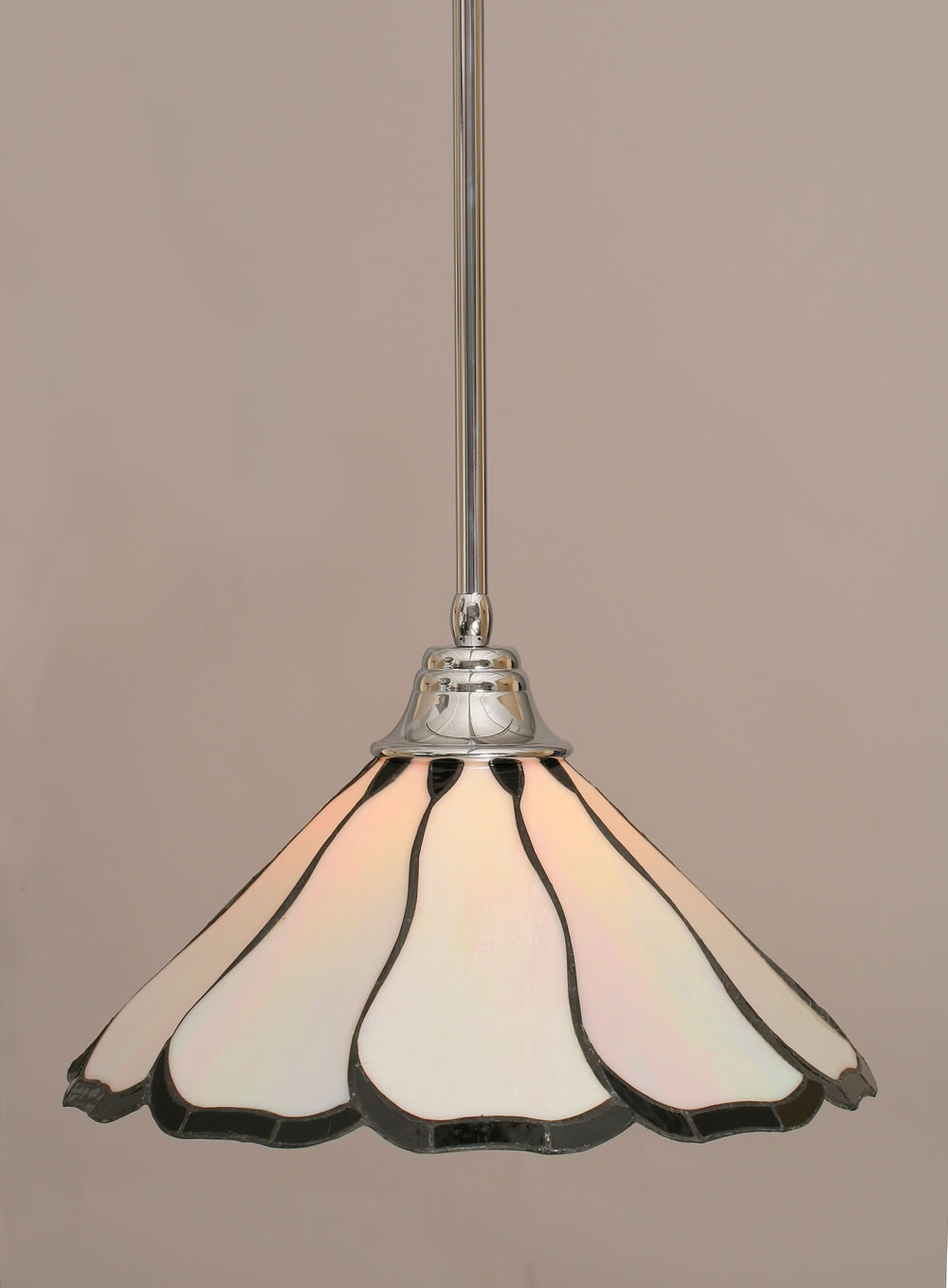 Stem Pendant With Hang Straight Swivel Shown In Chrome Finish With 16" Pearl & Black Flair Tiffany Glass