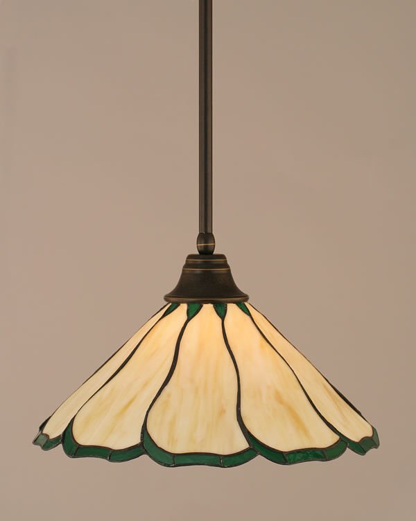 Stem Pendant With Hang Straight Swivel Shown In Dark Granite Finish With 16" Honey & Hunter Green Flair Tiffany Glass