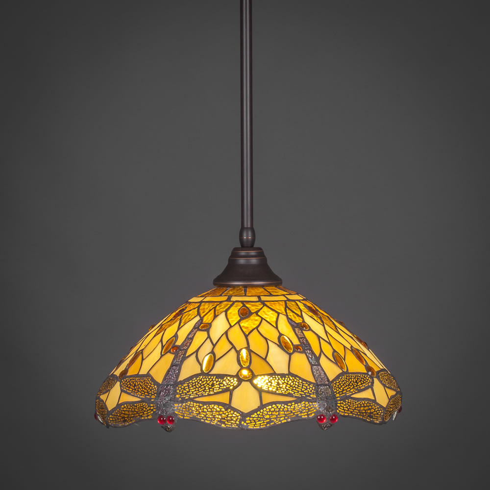 Stem Pendant With Hang Straight Swivel Shown In Dark Granite Finish With 16" Amber Dragonfly Tiffany Glass