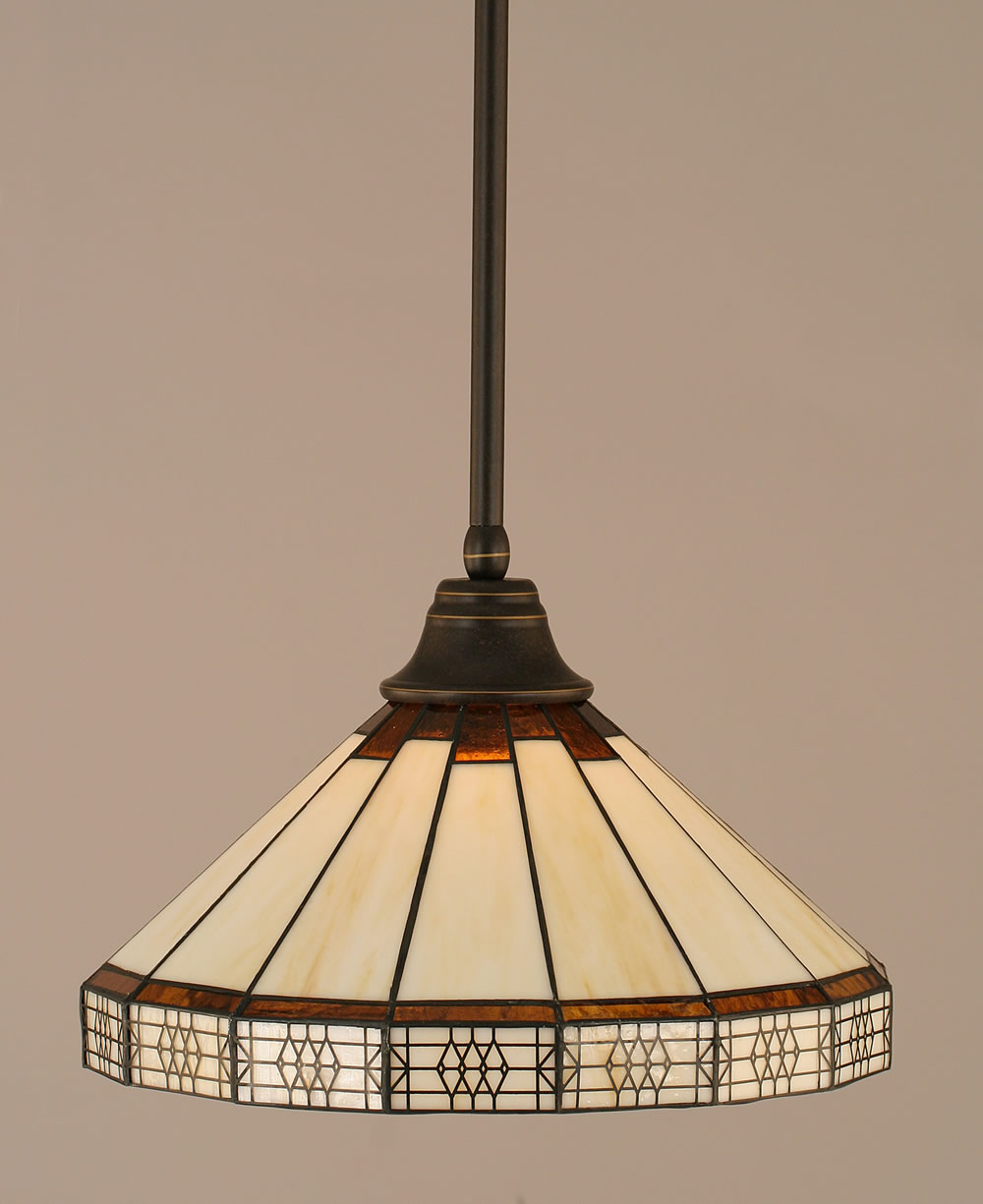 Stem Pendant With Hang Straight Swivel Shown In Dark Granite Finish With 15" Honey & Brown Mission Tiffany Glass