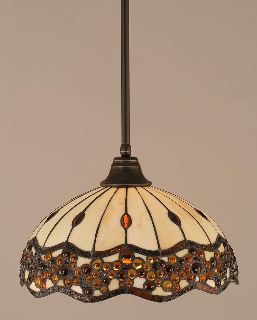 Stem Pendant With Hang Straight Swivel Shown In Dark Granite Finish With 16" Roman Jewel Tiffany Glass