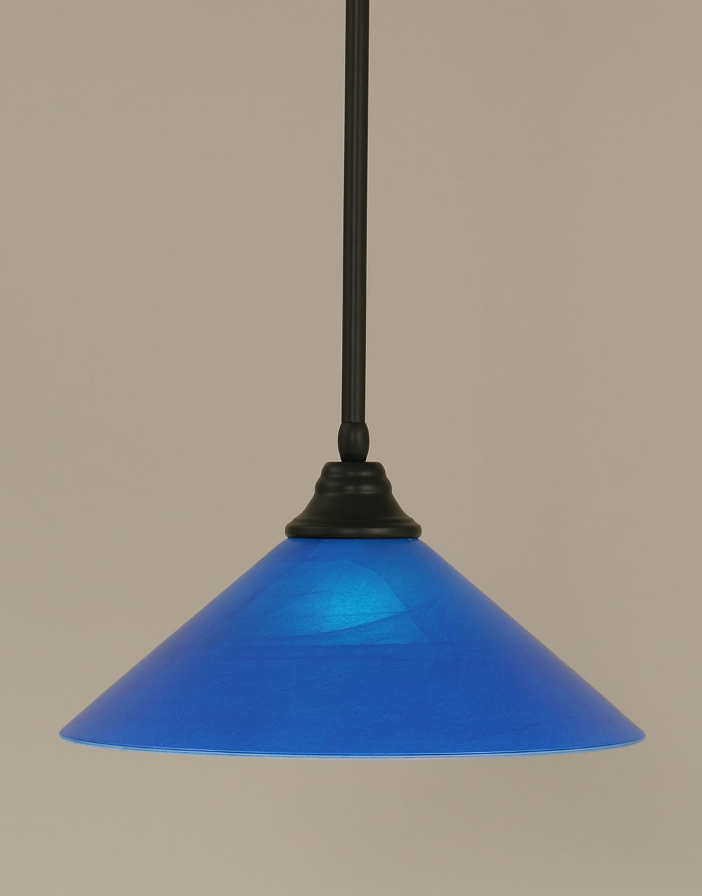 Stem Pendant With Hang Straight Swivel Shown In Matte Black Finish With 16" Blue Italian Glass