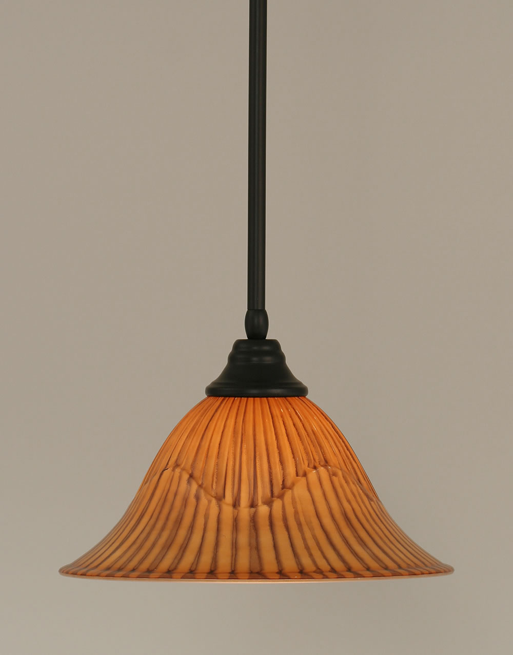 Stem Pendant With Hang Straight Swivel Shown In Matte Black Finish With 14" Tiger Glass