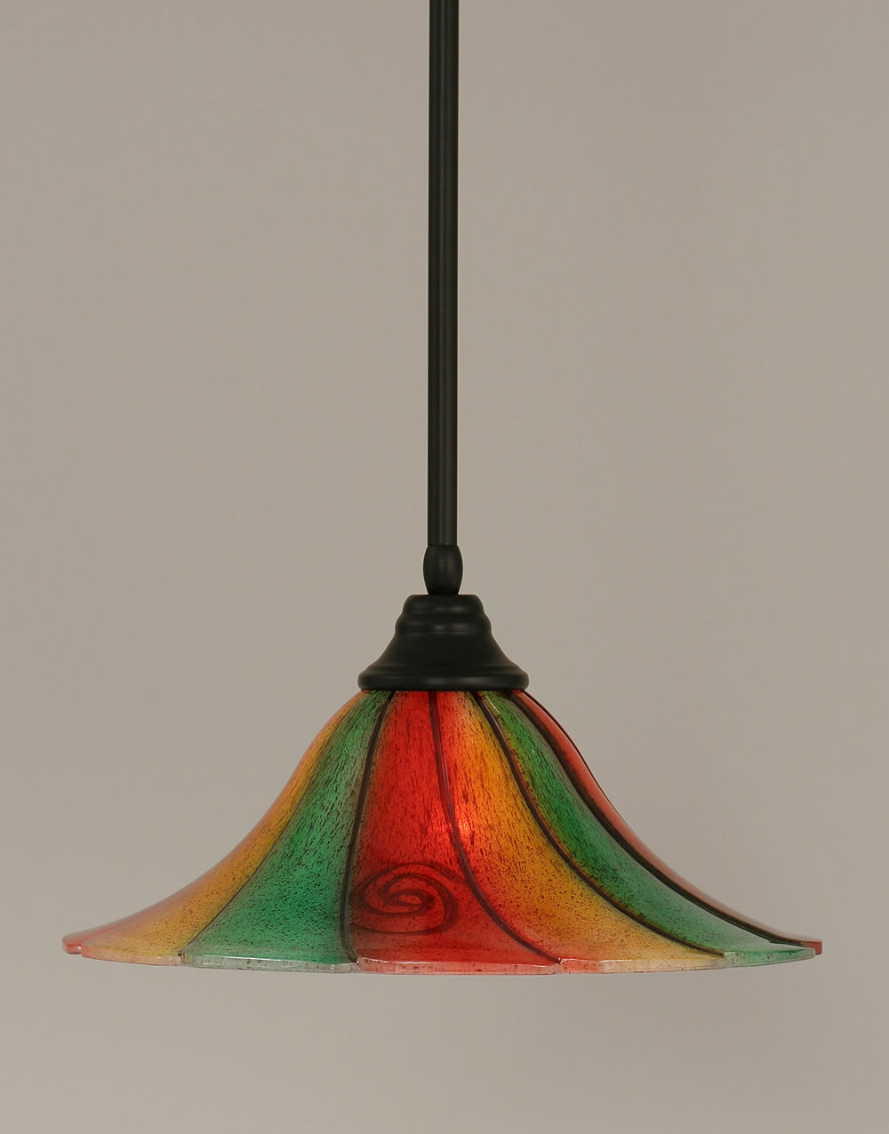 Stem Pendant With Hang Straight Swivel Shown In Matte Black Finish With 16" Mardi Gras Glass