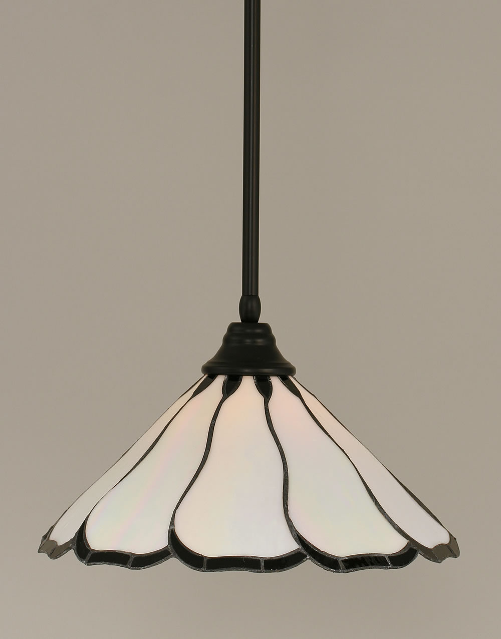 Stem Pendant With Hang Straight Swivel Shown In Matte Black Finish With 16" Pearl & Black Flair Tiffany Glass