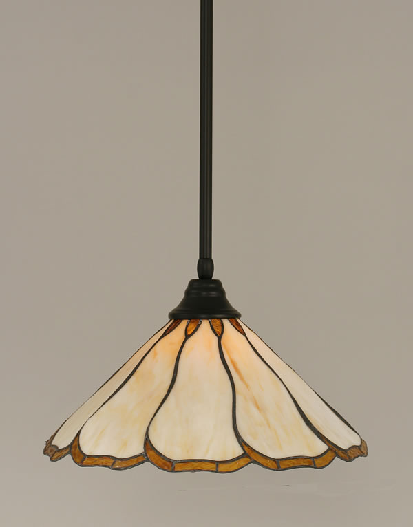 Stem Pendant With Hang Straight Swivel Shown In Matte Black Finish With 16" Honey & Brown Flair Tiffany Glass