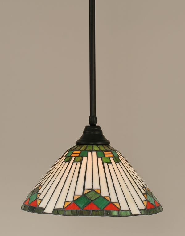 Stem Pendant With Hang Straight Swivel Shown In Matte Black Finish With 15" Green Sunray Tiffany Glass