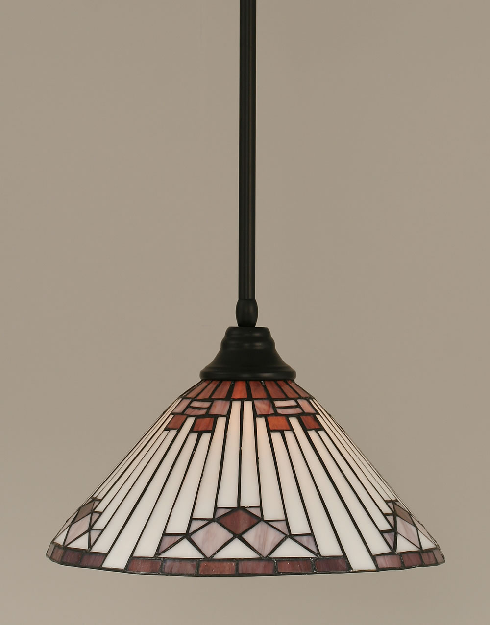 Stem Pendant With Hang Straight Swivel Shown In Matte Black Finish With 15" Purple Sunray Tiffany Glass