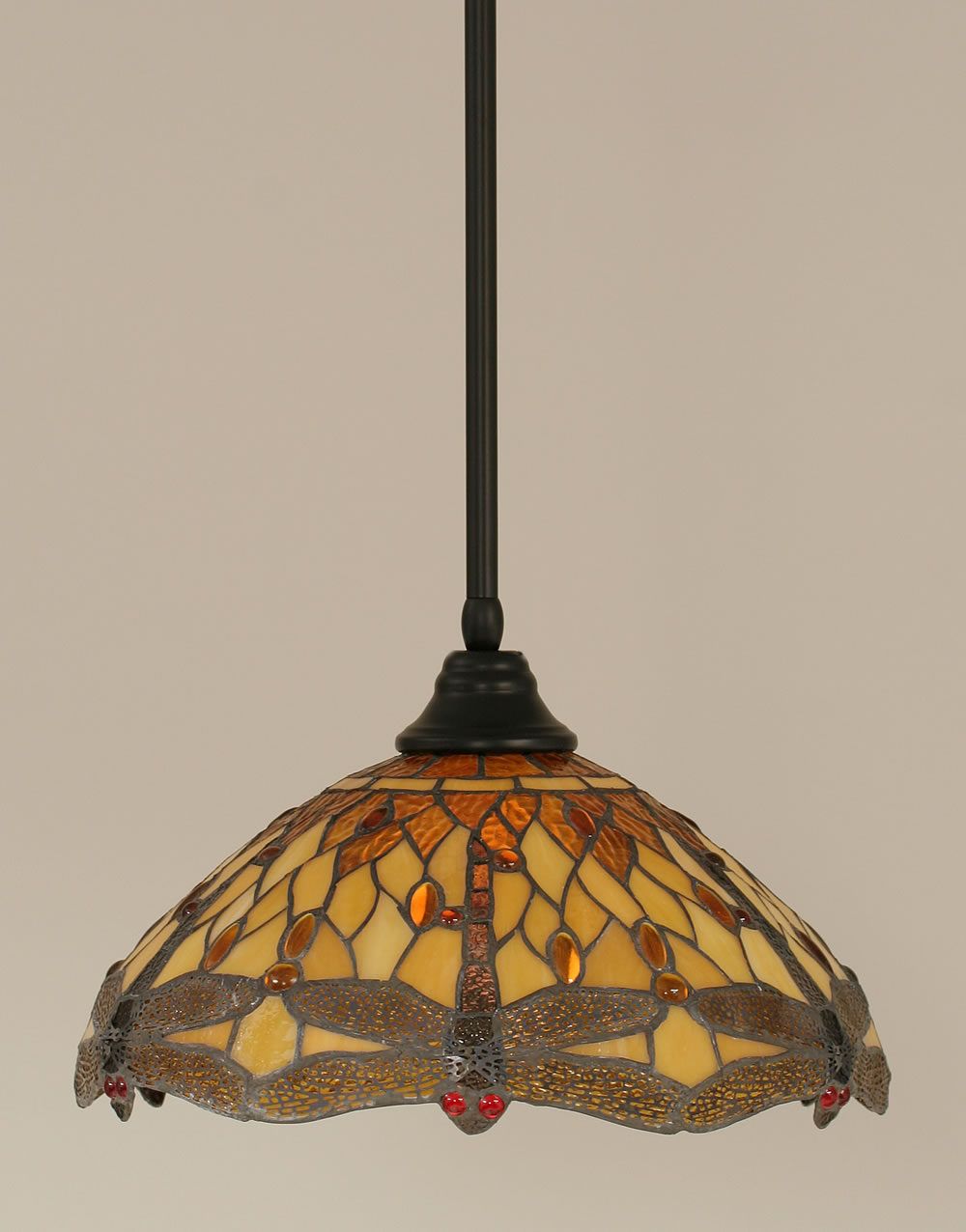 Stem Pendant With Hang Straight Swivel Shown In Matte Black Finish With 16" Amber Dragonfly Tiffany Glass