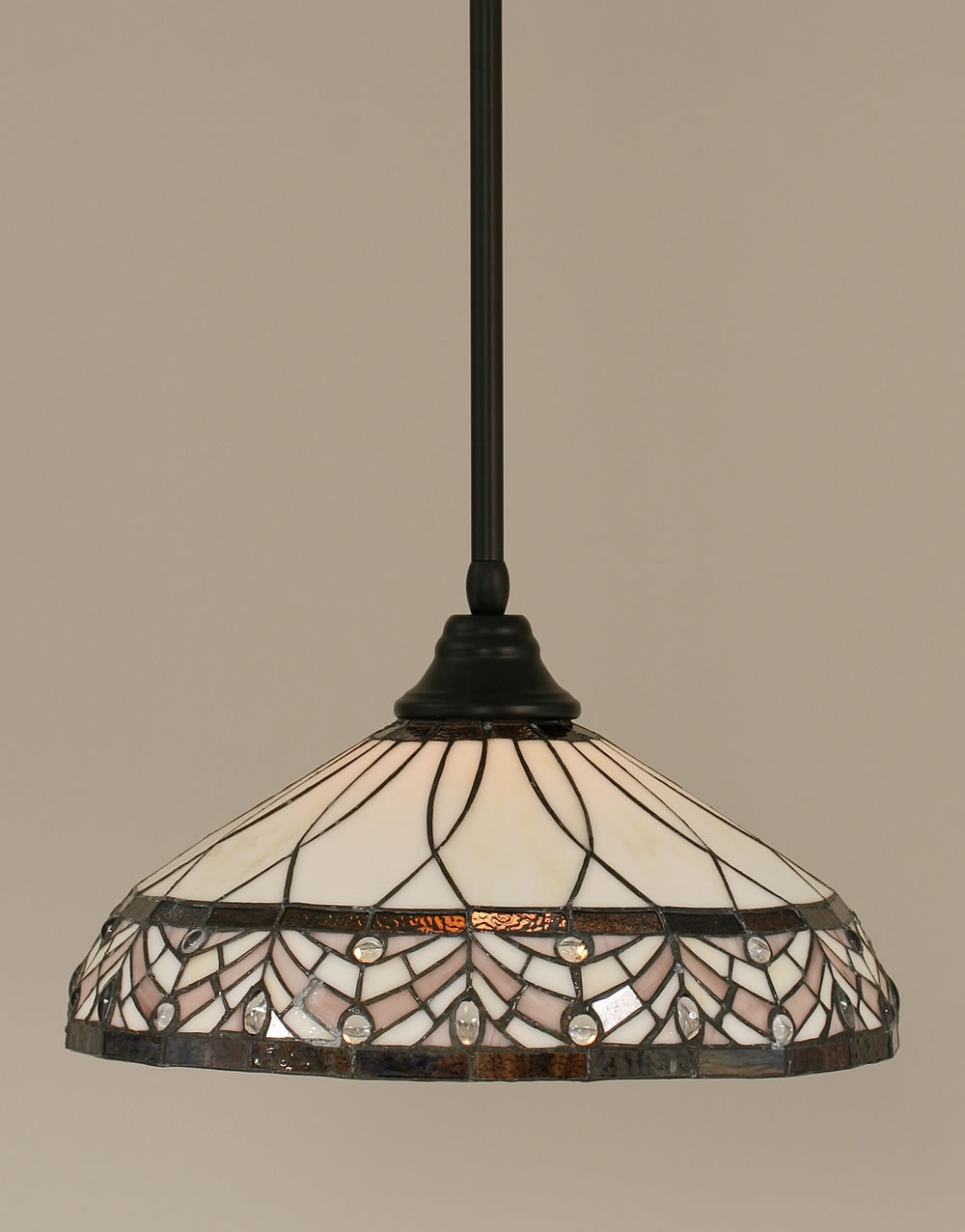 Stem Pendant With Hang Straight Swivel Shown In Matte Black Finish With 16" Royal Merlot Tiffany Glass