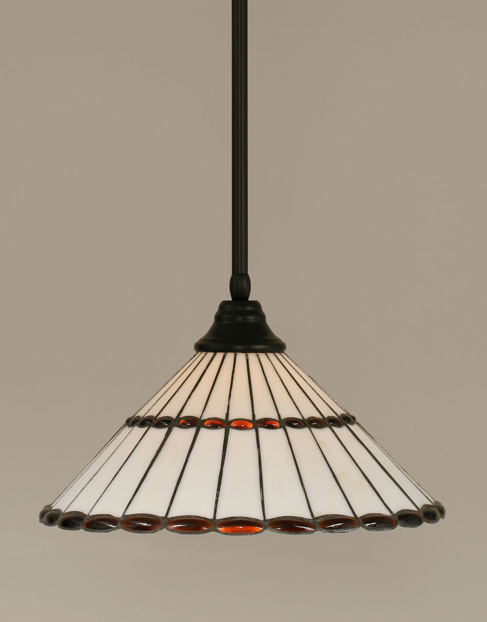Stem Pendant With Hang Straight Swivel Shown In Matte Black Finish With 15.5" Honey Glass & Amber Brown Jewels Tiffany Glass