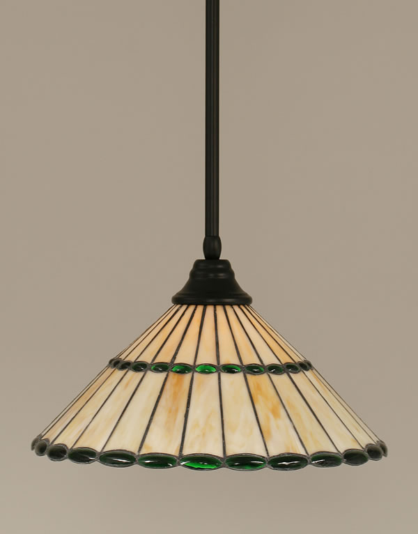 Stem Pendant With Hang Straight Swivel Shown In Matte Black Finish With 15.5" Honey Glass & Green Jewels Tiffany Glass