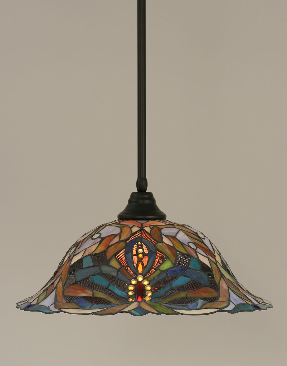 Stem Pendant With Hang Straight Swivel Shown In Matte Black Finish With 19" Kaleidoscope Tiffany Glass