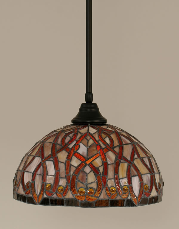 Stem Pendant With Hang Straight Swivel Shown In Matte Black Finish With 15" Persian Nites Tiffany Glass