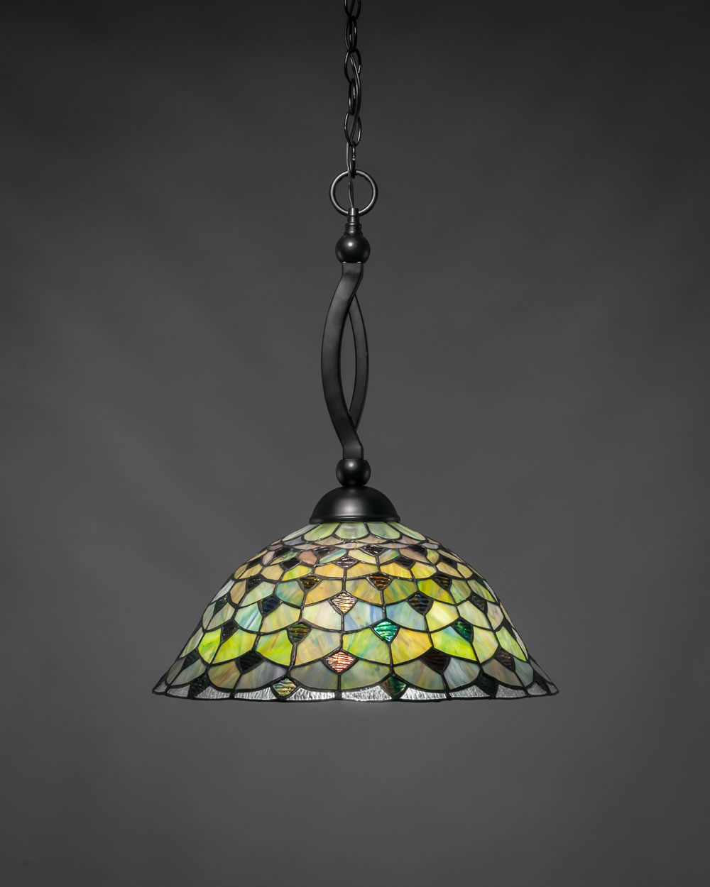Bow Pendant Shown In Matte Black Finish With 16" Crescent Tiffany Glass