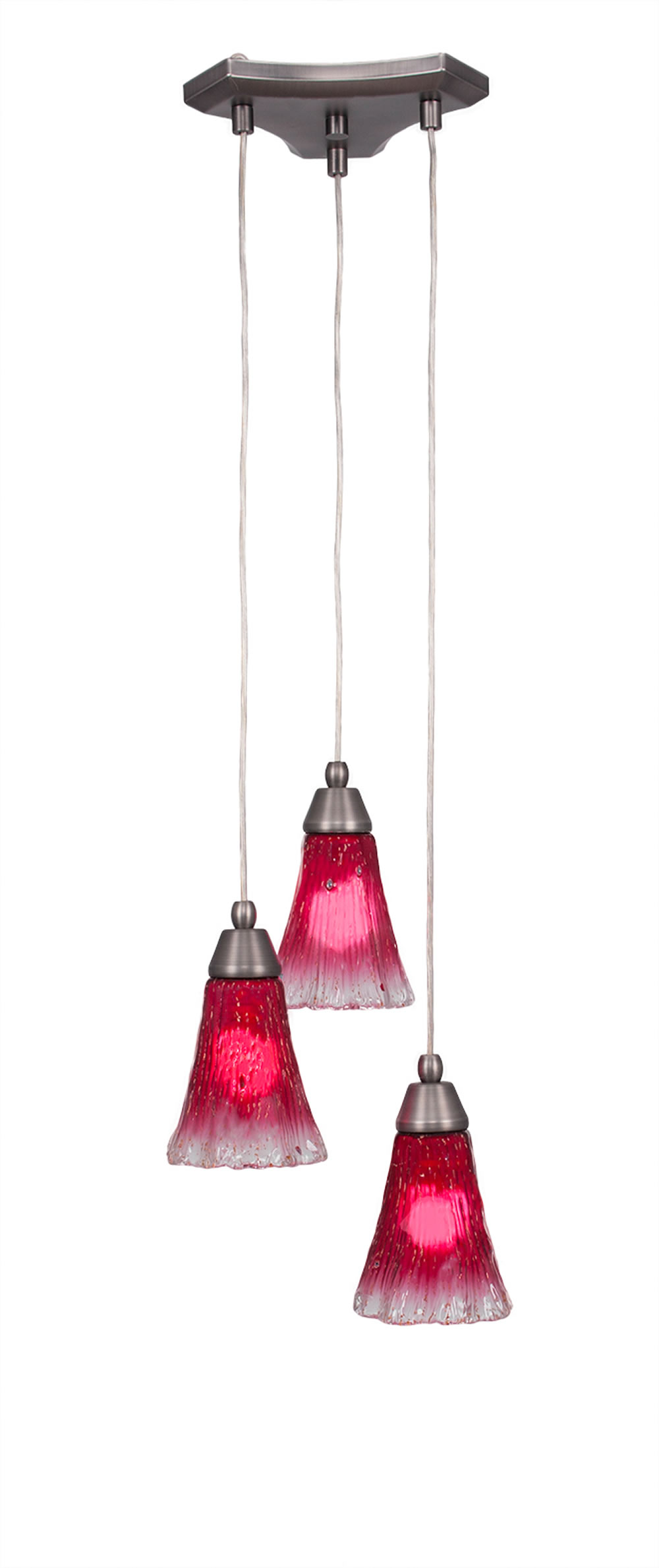 Europa 3 Light Multi Mini Pendant Shown In Brushed Nickel Finish With 5.5" Raspberry Crystal Glass