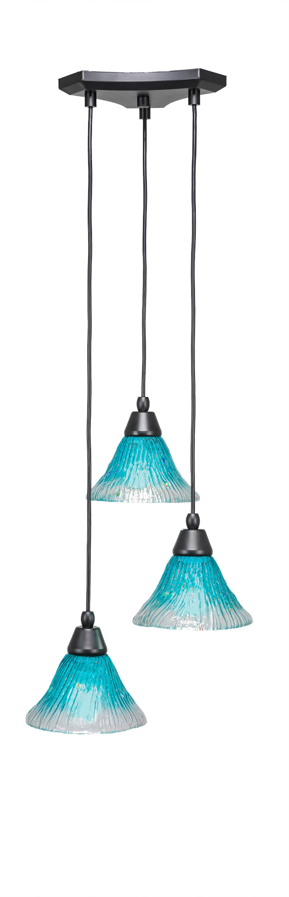 Europa 3 Light Multi Light Mini Pendant Shown In Matte Black Finish With 7" Teal Crystal Glass