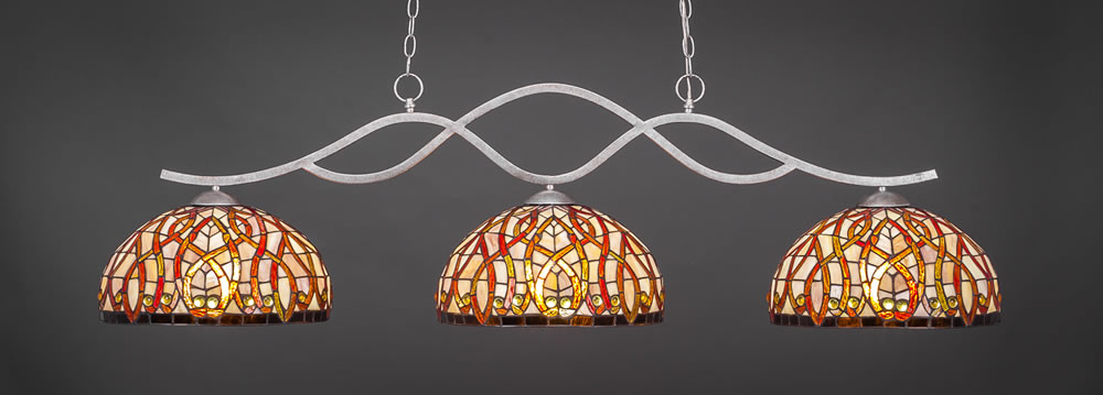 Revo 3 Light Bar Shown In Aged Silver Finish With 15" Persian Nites Tiffany Glass