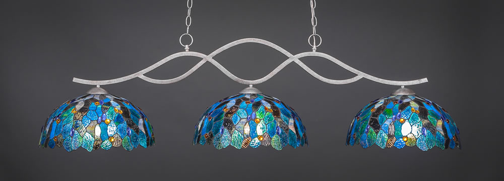 Revo 3 Light Bar Shown In Aged Silver Finish With 16" Honey & Brown Scallop Tiffany Glass