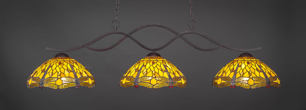 Revo 3 Light Bar Shown In Dark Granite Finish With 16" Amber Dragonfly Tiffany Glass