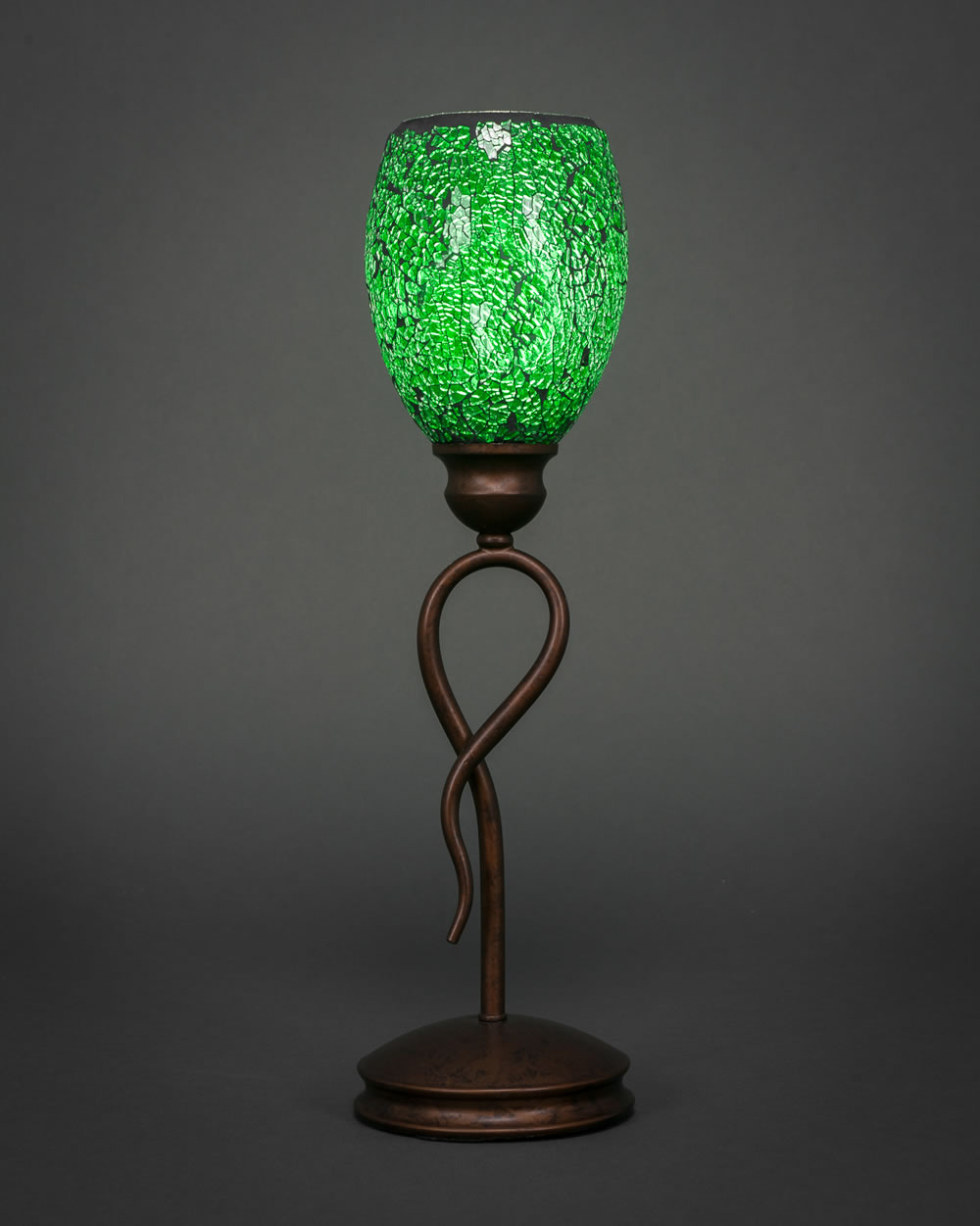 Leaf Mini Table Lamp Shown In Bronze Finish With 5" Green Fusion Glass