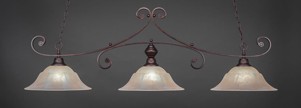 Curl 3 Light Billiard Light Shown In Bronze Finish With 16" Amber Marble Glass