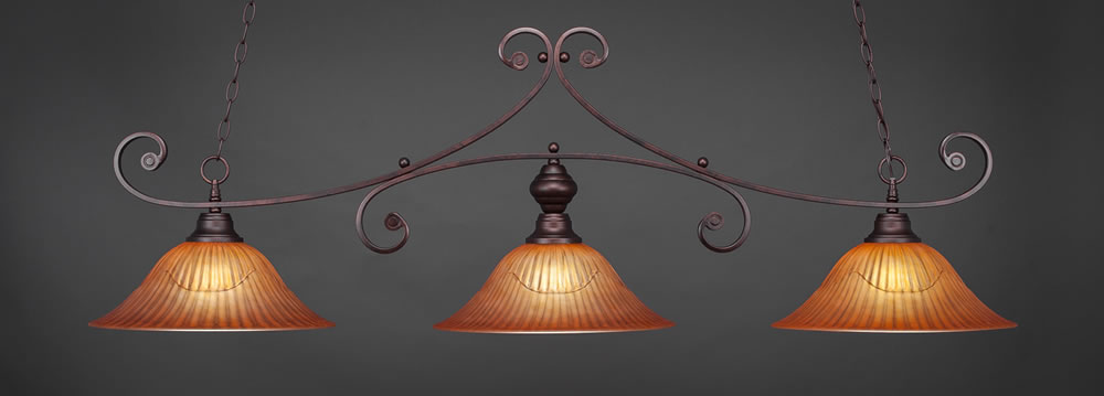 Curl 3 Light Billiard Light Shown In Bronze Finish With 16" Tiger Glass