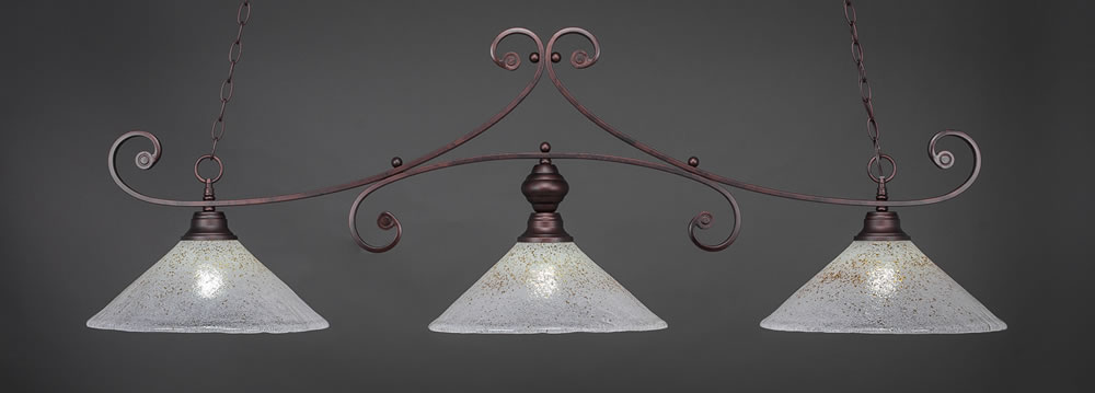 Curl 3 Light Billiard Light Shown In Bronze Finish With 16" Gold Ice Glass