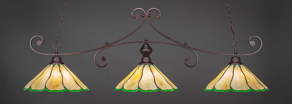 Curl 3 Light Billiard Light Shown In Bronze Finish With 16" Honey & Hunter Green Flair Tiffany Glass