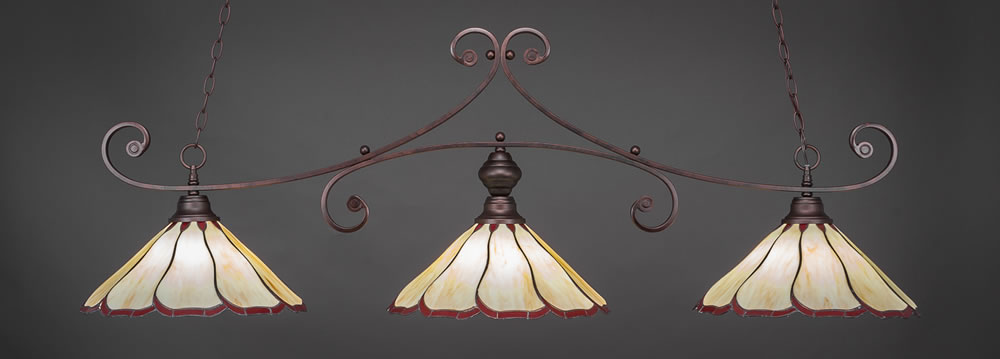 Curl 3 Light Billiard Light Shown In Bronze Finish With 16" Honey And Burgundy Flair Tiffany Glass