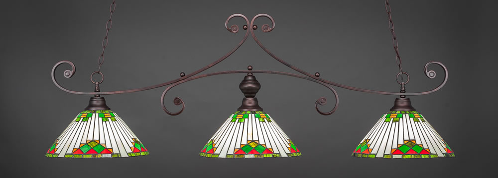 Curl 3 Light Bar Shown In Bronze Finish With 15" Green Sunray Tiffany Glass