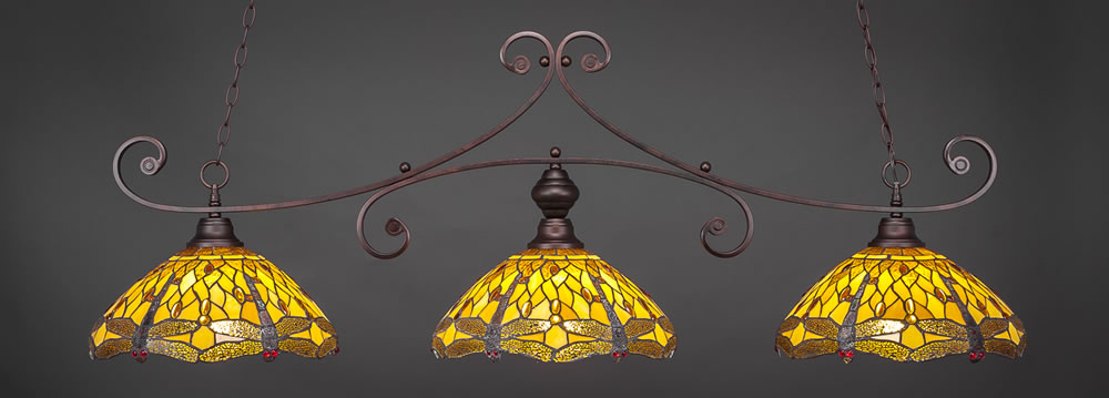 Curl 3 Light Billiard Light Shown In Bronze Finish With 16" Amber Dragonfly Tiffany Glass