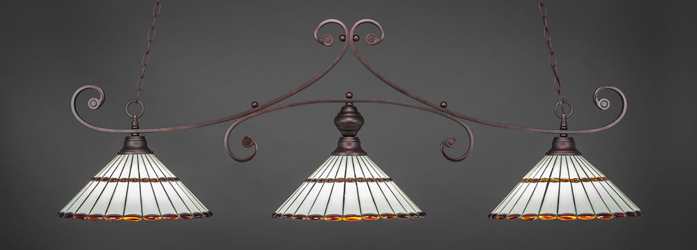 Curl 3 Light Bar Shown In Bronze Finish With 15.5" Honey Glass &Amber Brown Jewels Tiffany Glass