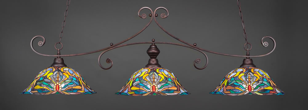 Curl 3 Light Billiard Light Shown In Bronze Finish With 19" Kaleidoscope Tiffany Glass