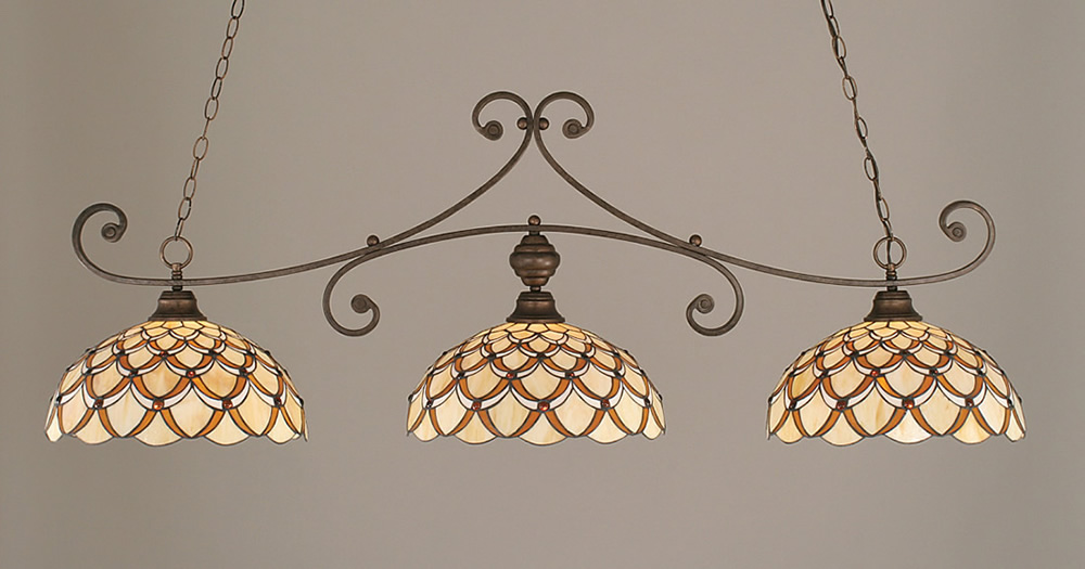 Curl 3 Light Billiard Light Shown In Bronze Finish With 16" Honey & Brown Scallop Tiffany Glass