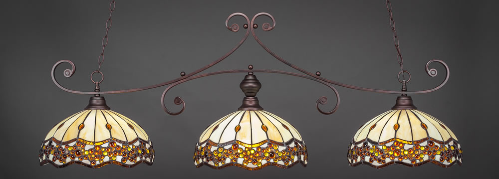 Curl 3 Light Billiard Light Shown In Bronze Finish With 16" Roman Jewel Tiffany Glass