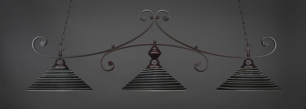 Curl 3 Light Billiard Light Shown In Dark Granite Finish With 16" Charcoal Spiral Glass