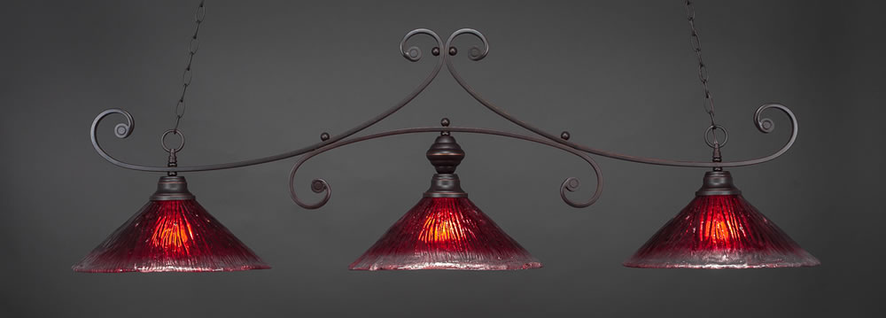 Curl 3 Light Billiard Light Shown In Dark Granite Finish With 16" Raspberry Crystal Glass