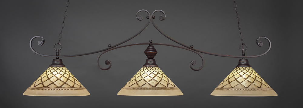 Curl 3 Light Billiard Light Shown In Dark Granite Finish With 16" Chocolate Icing Glass
