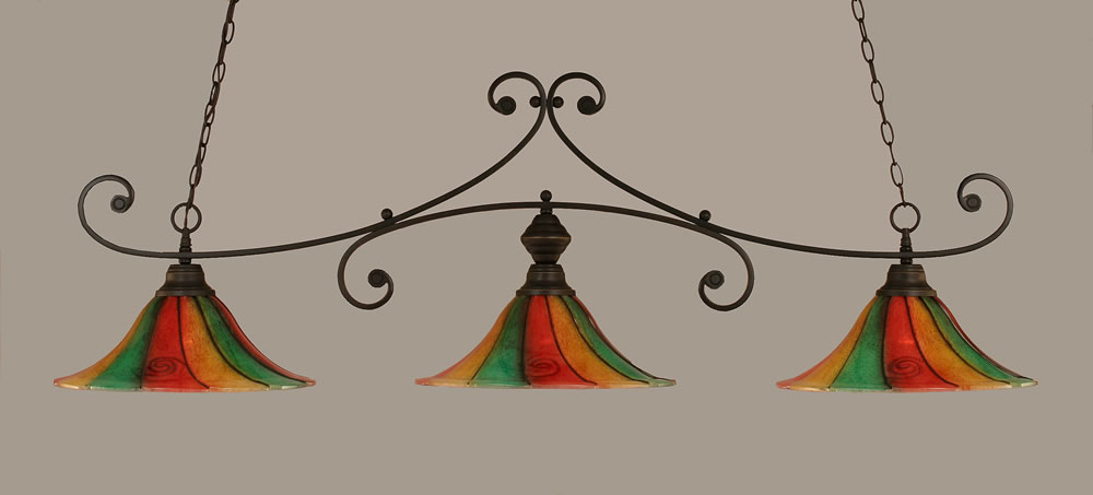Curl 3 Light Billiard Light Shown In Dark Granite Finish With 16" Mardi Gras Glass