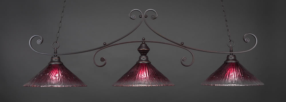 Curl 3 Light Billiard Light Shown In Dark Granite Finish With 16" Wine Crystal Glass