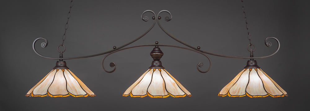 Curl 3 Light Bar Shown In Dark Granite Finish With 16" Honey & Brown Flair Tiffany Glass