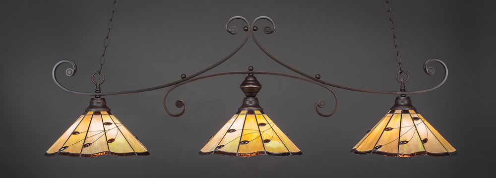 Curl 3 Light Bar Shown In Dark Granite Finish With 16" Autumn Leaves Tiffany Glass